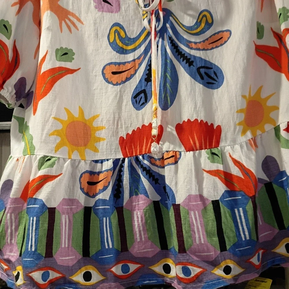 Cece Blouse Womens Size M Colorful Aztec Pattern VNeck Drawstring Summer Top EUC - Picture 8 of 8